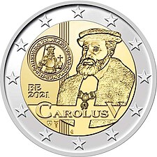 foto 2021 Belgio - 2 Euro 500º anniversario dalla comparsa dell'ordinanza del secondo periodo di emissione di monete durante il regno di Carlo V
