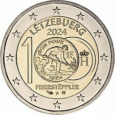 foto 2024 Lussemburgo - 2 Euro 100º anniversario dell'introduzione del franco lussemburghese con l'immagine del Feierstëppler